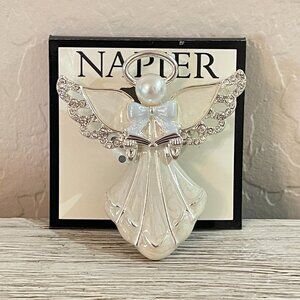 New Napier Angel Pin Brooch Enamel Silver Crystals Pearl NWT Christmas Holiday